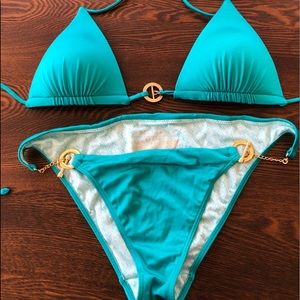 Victoria’s Secret Teal bikini gold chain accents